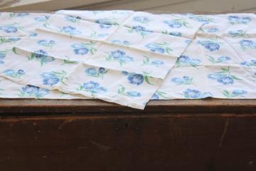 vintage cotton feed sack fabric w/ blue tulips floral print, depression era handmade pillowcases