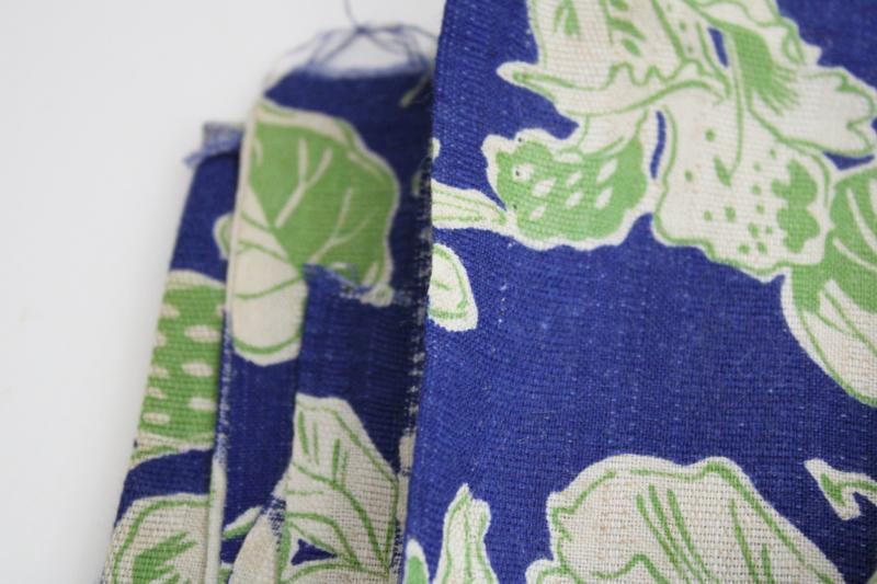 vintage cotton feed sack fabric, deco floral lime green, off white, royal blue