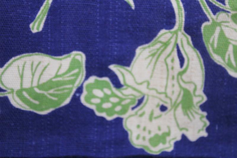 vintage cotton feed sack fabric, deco floral lime green, off white, royal blue