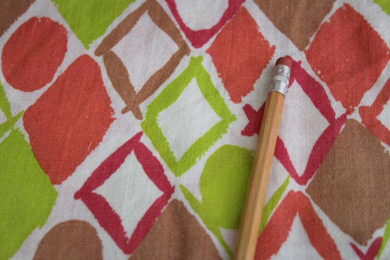 vintage cotton feed sack fabric, deco geometric print in coral, red, chartreuse