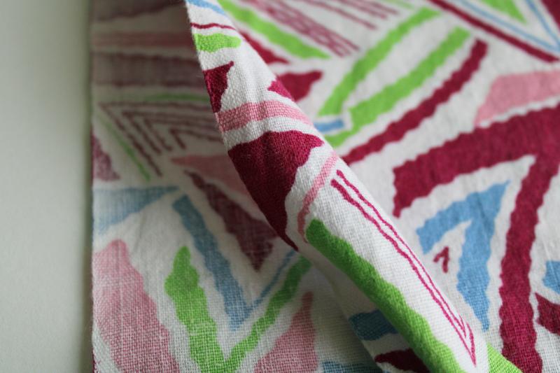 vintage cotton feed sack fabric, deco zigzag triangles print in wine, pink, sky blue, lime green