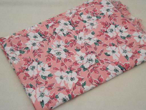 vintage cotton feed sack fabric, dogwood flowers floral print on coral pink