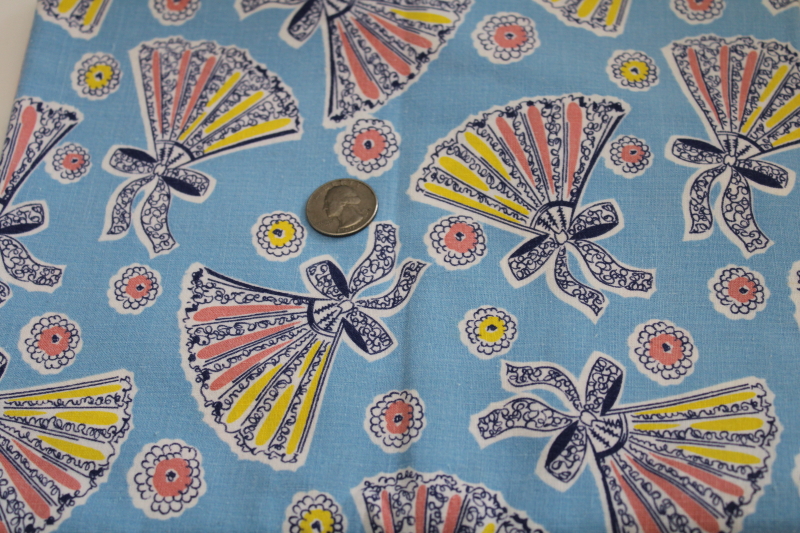 vintage cotton feed sack fabric w/ fans  flowers, blue w/ pink  yellow