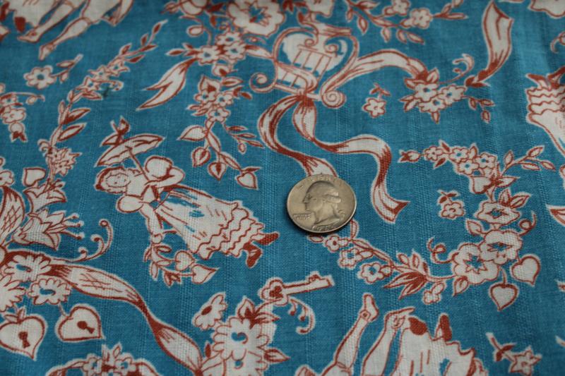 vintage cotton feed sack fabric, french country toile print on turquoise blue