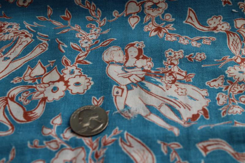 vintage cotton feed sack fabric, french country toile print on turquoise blue