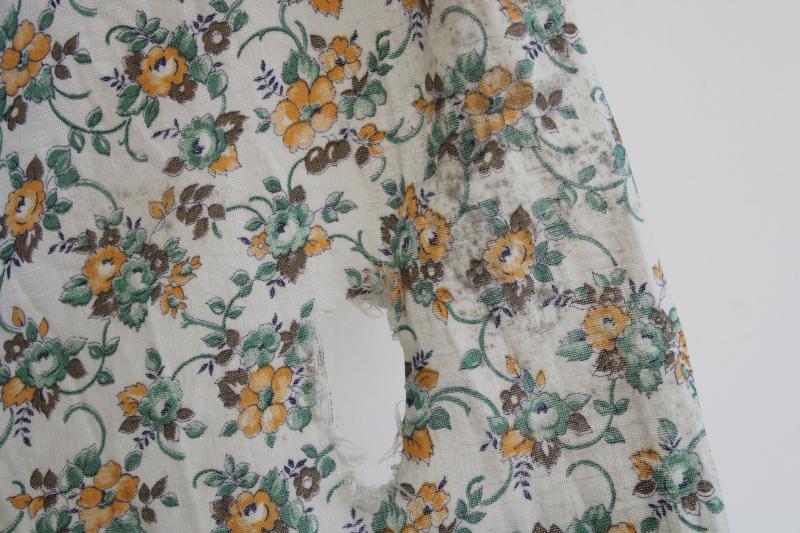 vintage cotton feed sack fabric, girly floral print flowers in soft green & yellow