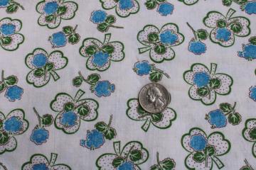 vintage cotton feed sack fabric, lucky clover shamrock print blue  green