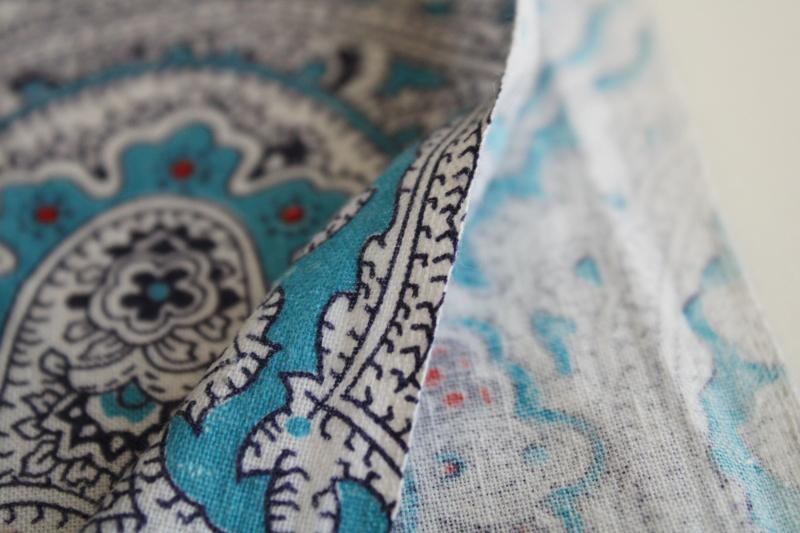 vintage cotton feed sack fabric, paisley print aqua blue w/ white & red