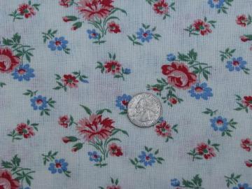 vintage cotton feed sack fabric, pink & blue roses & carnations print