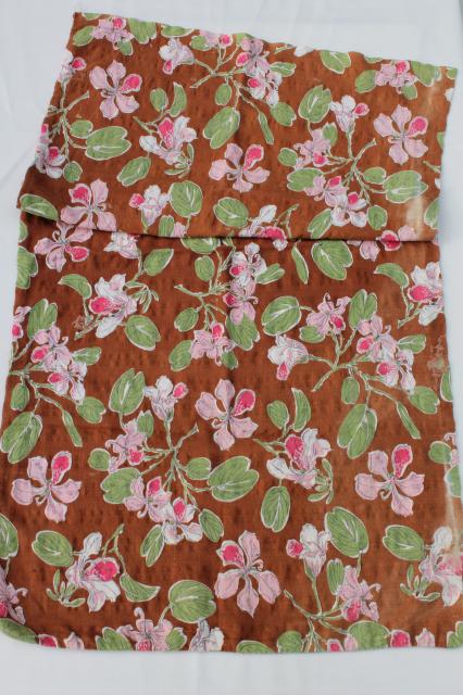 vintage cotton feed sack fabric w/ pink roses prints, floral on brown & rosebud border print 