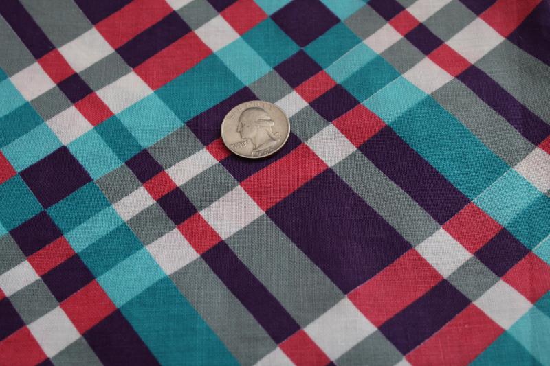 vintage cotton feed sack fabric, plaid print in teal, purple, grey, plum red