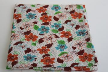 vintage cotton feed sack fabric, print flowers in rust orange, turquoise, green