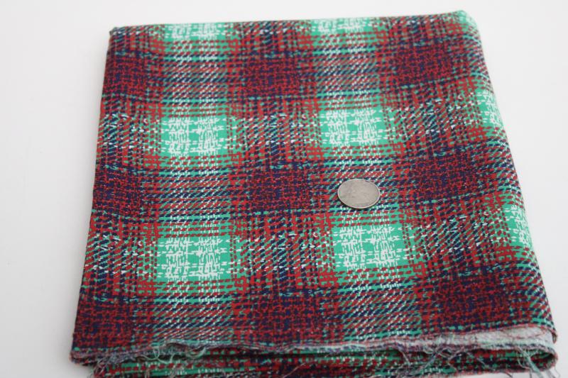 vintage cotton feed sack fabric, print plaid in barn red, green, navy blue