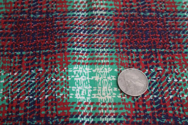 vintage cotton feed sack fabric, print plaid in barn red, green, navy blue
