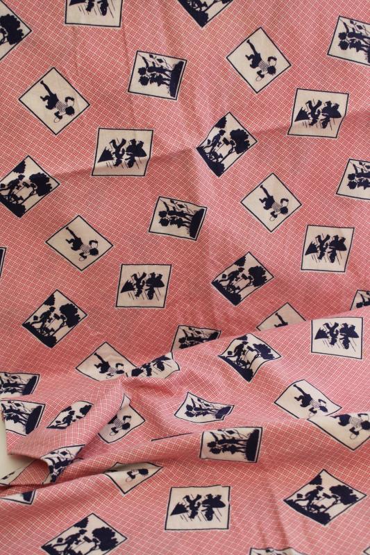 vintage cotton feed sack fabric, red & white w/ navy blue silhouettes children