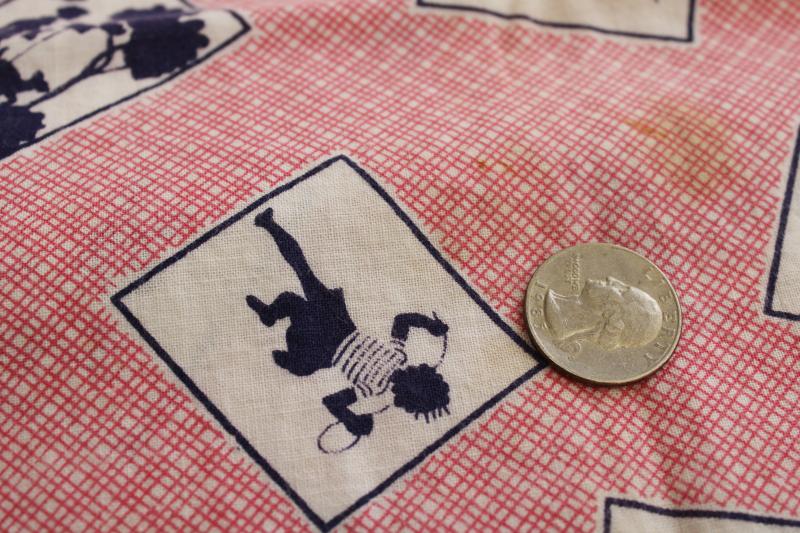 vintage cotton feed sack fabric, red & white w/ navy blue silhouettes children