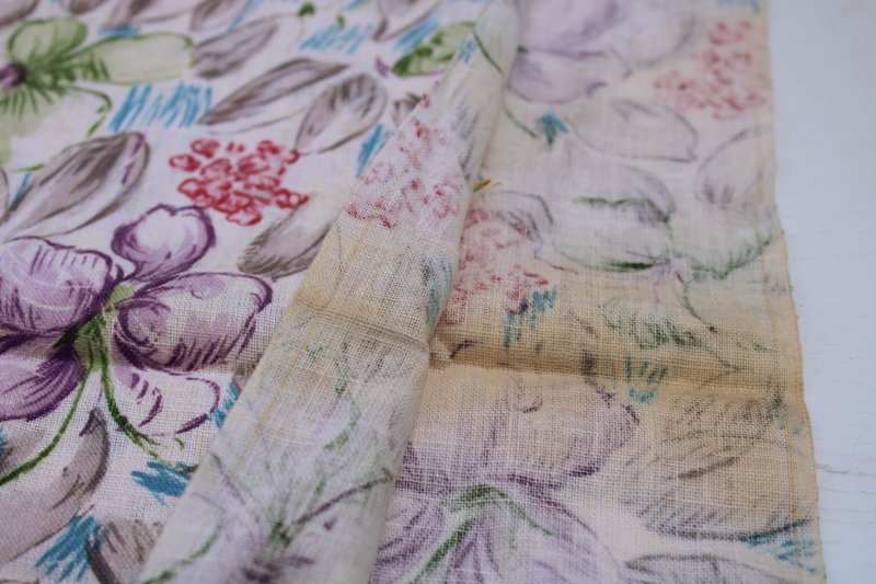 vintage cotton feed sack fabric remnant, floral print in grey, green, lavender, rose