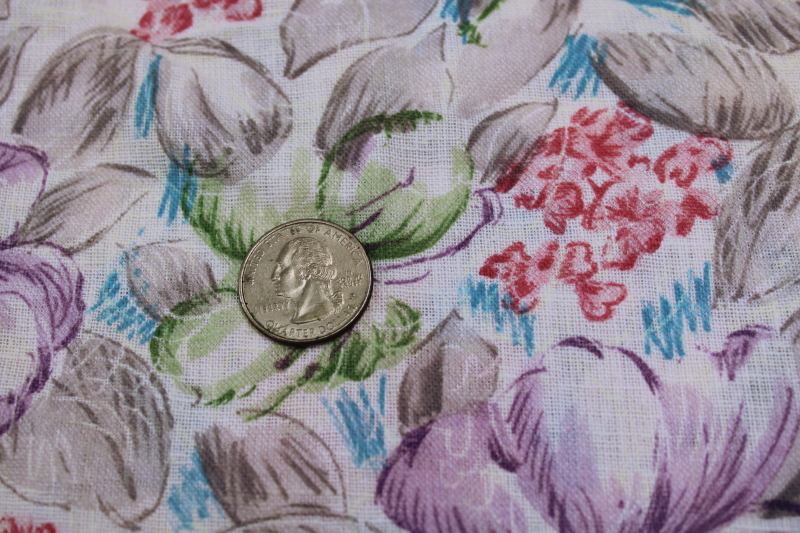 vintage cotton feed sack fabric remnant, floral print in grey, green, lavender, rose