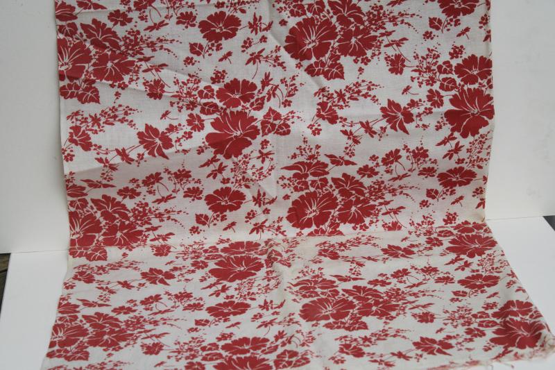 vintage cotton feed sack fabric, soft homespun texture, red & white floral print