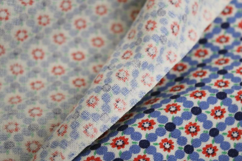 vintage cotton feed sack fabric, tiny print dots & flowers blue and red