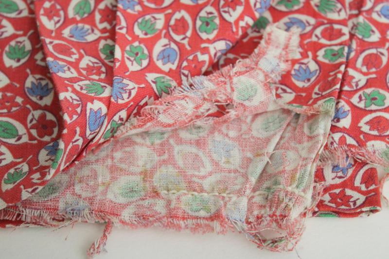 vintage cotton feed sack fabric, tiny print leaves in blue & green on red