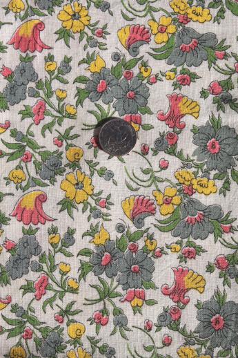 vintage cotton feed sack w/ grey, pink, yellow flowers, retro floral print fabric