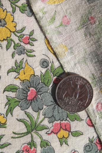 vintage cotton feed sack w/ grey, pink, yellow flowers, retro floral print fabric