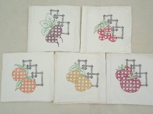 vintage cotton feed sack kitchen kitchen towels w/ hand-embroidered fruit