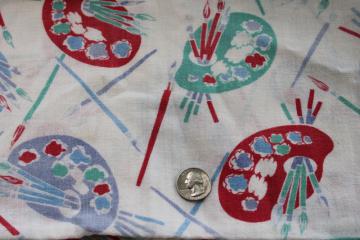 vintage cotton feed sack salvaged fabric, art painters brushes palette prin