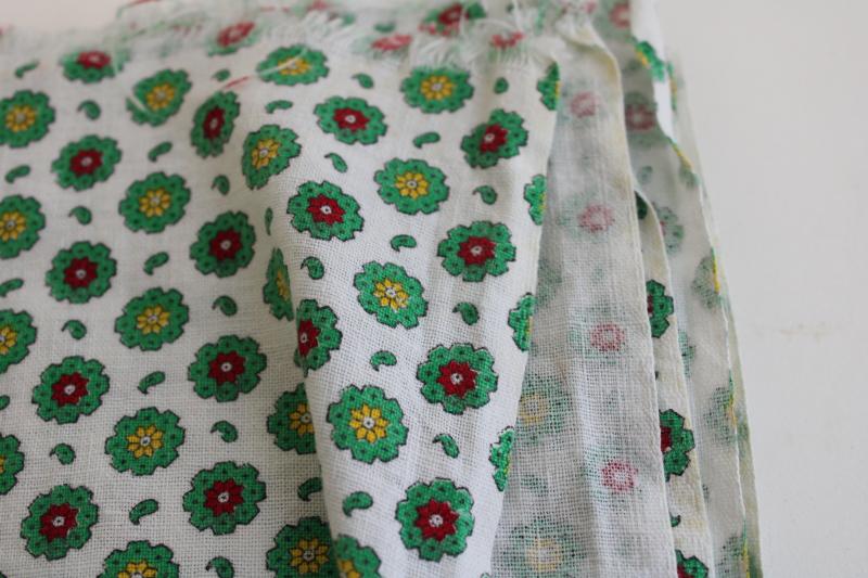 vintage cotton feedsack fabric, green & red flowers tiny print, nice for holiday sewing