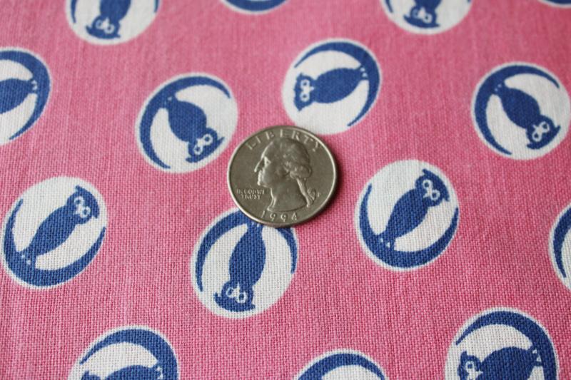 vintage cotton feedsack fabric, harvest moon owls print pink & navy blue