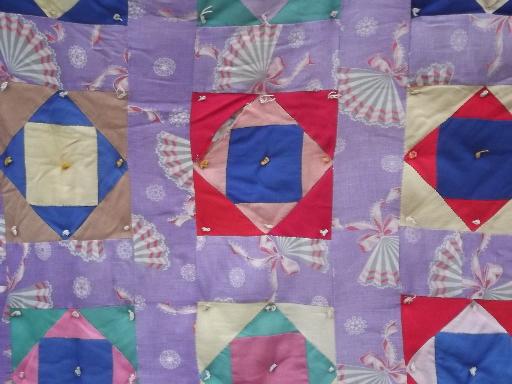 vintage cotton feedsack fabric patchwork quilt tied comforter, 40s or 50s