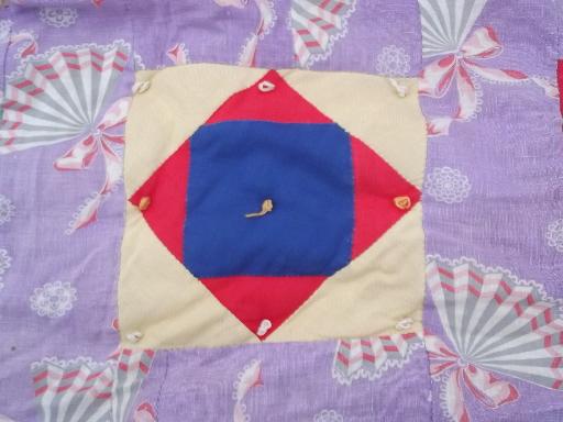 vintage cotton feedsack fabric patchwork quilt tied comforter, 40s or 50s