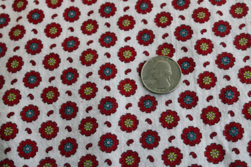 vintage cotton feedsack fabric, red & green flowers tiny print, nice for holiday sewing