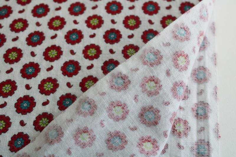 vintage cotton feedsack fabric, red & green flowers tiny print, nice for holiday sewing