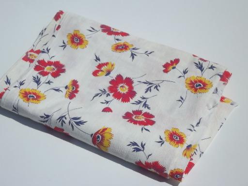 vintage cotton feedsack fabric, red & yellow floral print 1940s or 50s