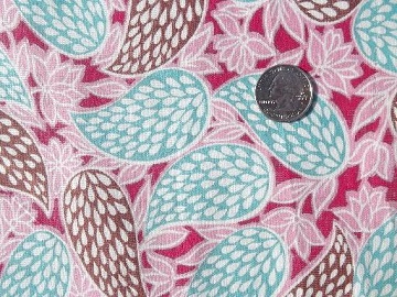 vintage cotton feedsack fabric, retro pink and aqua print on deep magenta