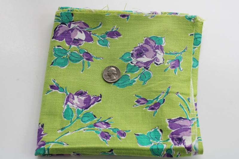 vintage cotton feedsack fabric, roses print purple flowers on lime green