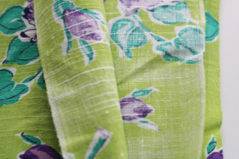 vintage cotton feedsack fabric, roses print purple flowers on lime green