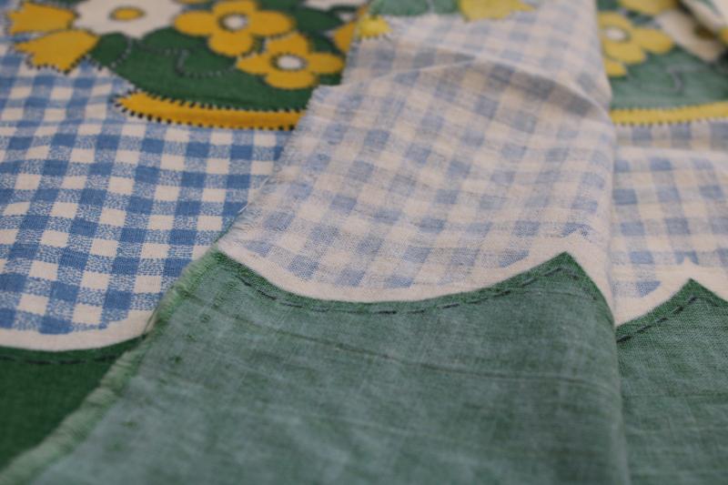 vintage cotton feedsack fabric, spring flower basket border blue gingham print 