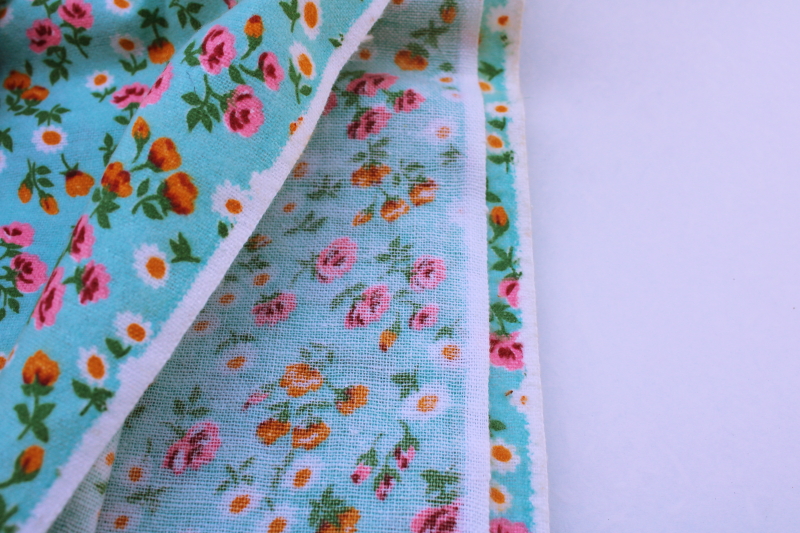 vintage cotton flannel fabric, ditsy print daisies roses cottage floral on aqua blue