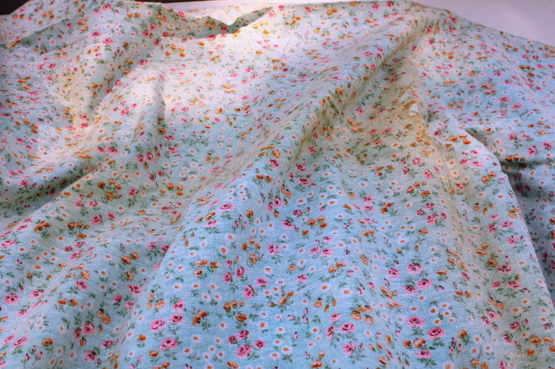 vintage cotton flannel fabric, ditsy print daisies roses cottage floral on aqua blue