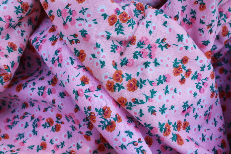 vintage cotton flannel fabric, flower print on girly pink, prairie cottagecore style