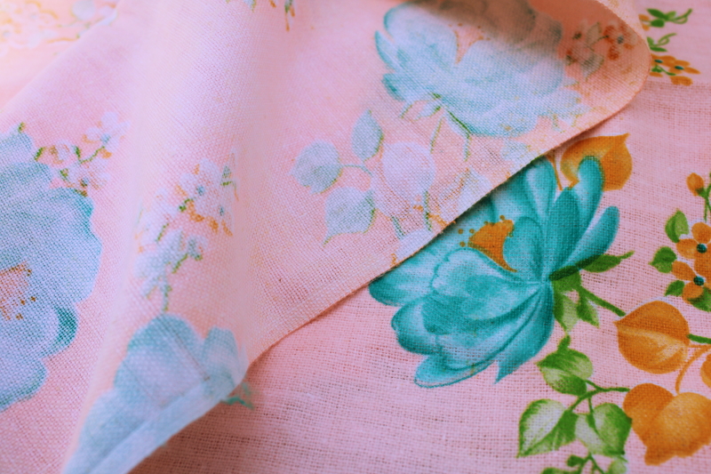 vintage cotton flannel fabric, granny chic cottagecore floral print aqua on blush pink