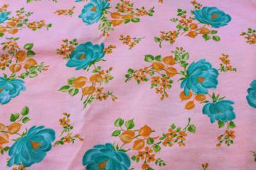 vintage cotton flannel fabric, granny chic cottagecore floral print aqua on blush pink