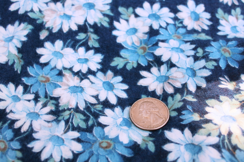 vintage cotton flannel fabric, prairie girl granny floral daisies on dark blue