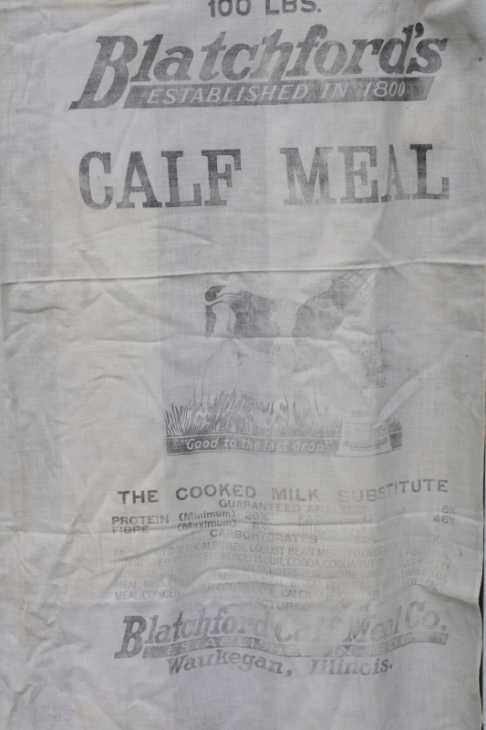 vintage cotton flour sack towel, farmhouse kitchen feedsack fabric advertising calf meal