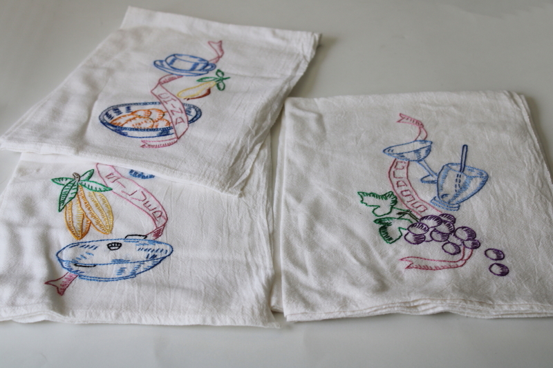 vintage cotton flour sack towels, china, silver, glass drying dish towels w/ embroidery
