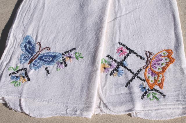 vintage cotton flour sack towels w/ embroidered butterflies, hand stitched embroidery