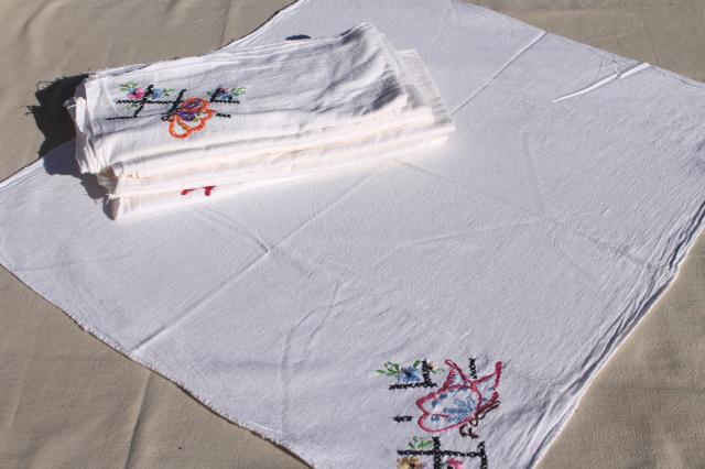 vintage cotton flour sack towels w/ embroidered butterflies, hand stitched embroidery